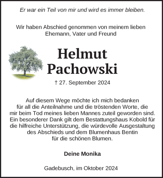 Traueranzeige von Helmut Pachowski von Gadebusch - Rehnaer Zeitung