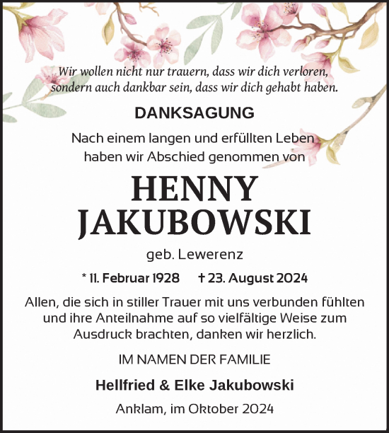 Traueranzeige von Henny Jakubowski von Nordkurier Vorpommern Kurier