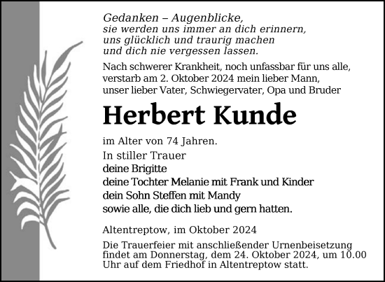 Traueranzeige von Herbert Kunde von Nordkurier Neubrandenburger Zeitung