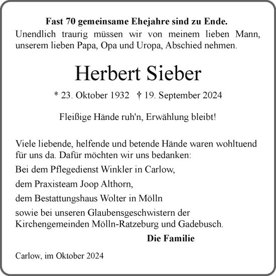 Traueranzeige von Herbert Sieber von Gadebusch - Rehnaer Zeitung