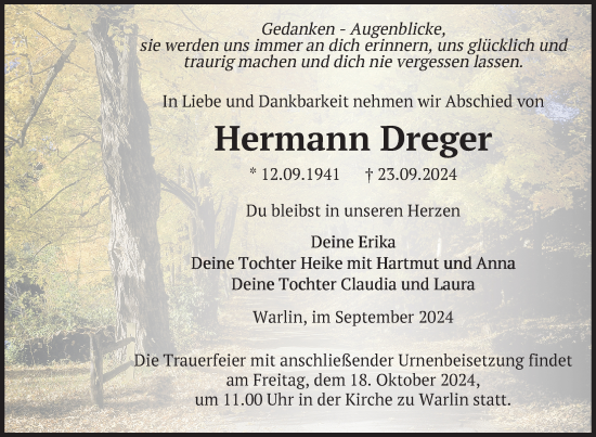 Traueranzeige von Hermann Dreger von Nordkurier Neubrandenburger Zeitung