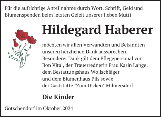 Traueranzeige von Hildegard Haberer von Uckermark Kurier Templiner Zeitung