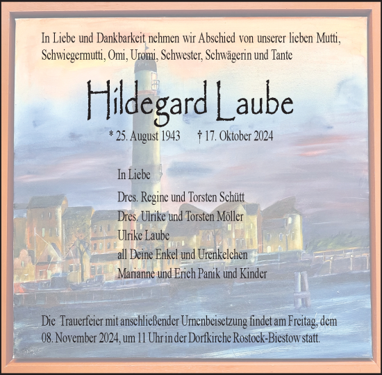 Traueranzeige von Hildegard Laube von Norddeutsche Neueste Nachrichten