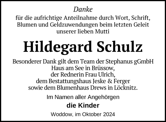 Traueranzeige von Hildegard Schulz von Uckermark Kurier Prenzlauer Zeitung