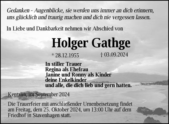 Traueranzeige von Holger Gathge von Nordkurier Demminer Zeitung