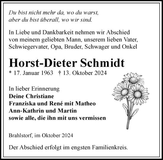 Traueranzeige von Horst-Dieter Schmidt von Hagenower Kreisblatt