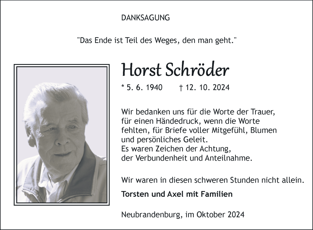  Traueranzeige für Horst Schröder vom 25.10.2024 aus Nordkurier Neubrandenburger Zeitung