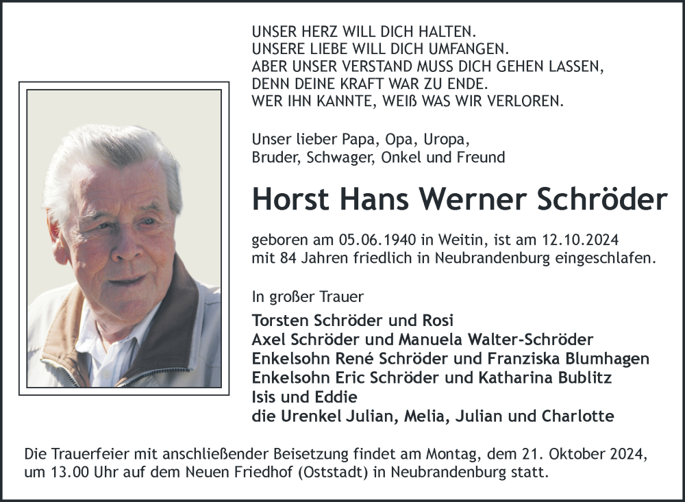  Traueranzeige für Horst Hans Werner Schröder vom 18.10.2024 aus Nordkurier Neubrandenburger Zeitung