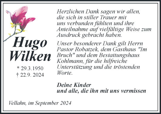 Traueranzeige von Hugo Wilken von Hagenower Kreisblatt