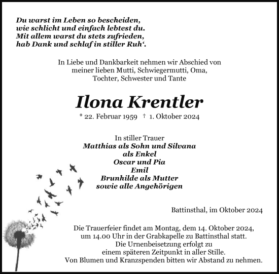 Traueranzeige von Ilona Krentler von Nordkurier Pasewalker Zeitung