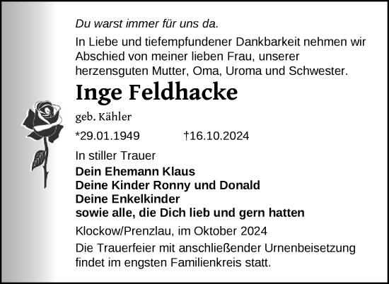 Traueranzeige von Inge Feldhacke von Uckermark Kurier Prenzlauer Zeitung