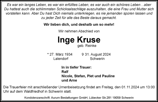 Traueranzeige von Inge Kruse von Zeitung für die Landeshauptstadt