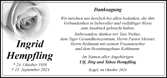 Traueranzeige von Ingrid Hempfling von Hagenower Kreisblatt