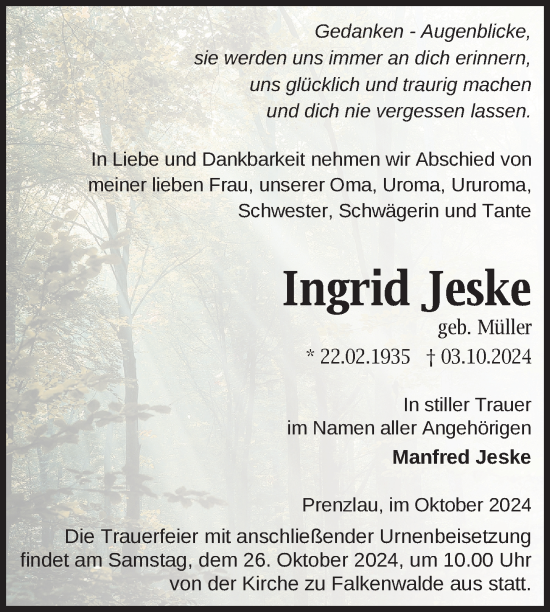 Traueranzeige von Ingrid Jeske von Uckermark Kurier Prenzlauer Zeitung