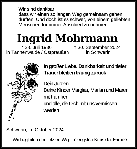 Traueranzeige von Ingrid Mohrmann von Zeitung für die Landeshauptstadt