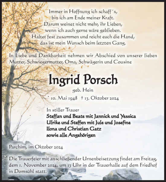 Traueranzeige von Ingrid Porsch von Parchim und Lübz