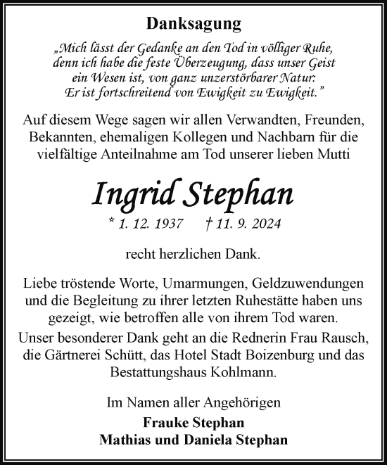 Traueranzeige von Ingrid Stephan von Hagenower Kreisblatt