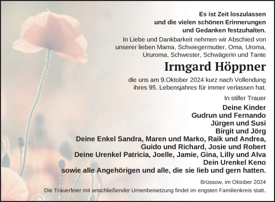 Traueranzeige von Irmgard Höppner von Uckermark Kurier Prenzlauer Zeitung