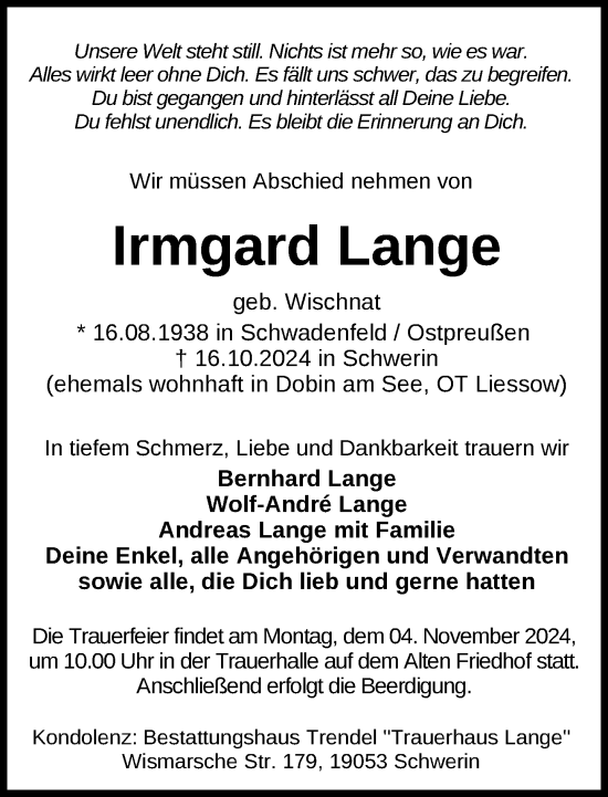 Traueranzeige von Irmgard Lange von Zeitung für die Landeshauptstadt