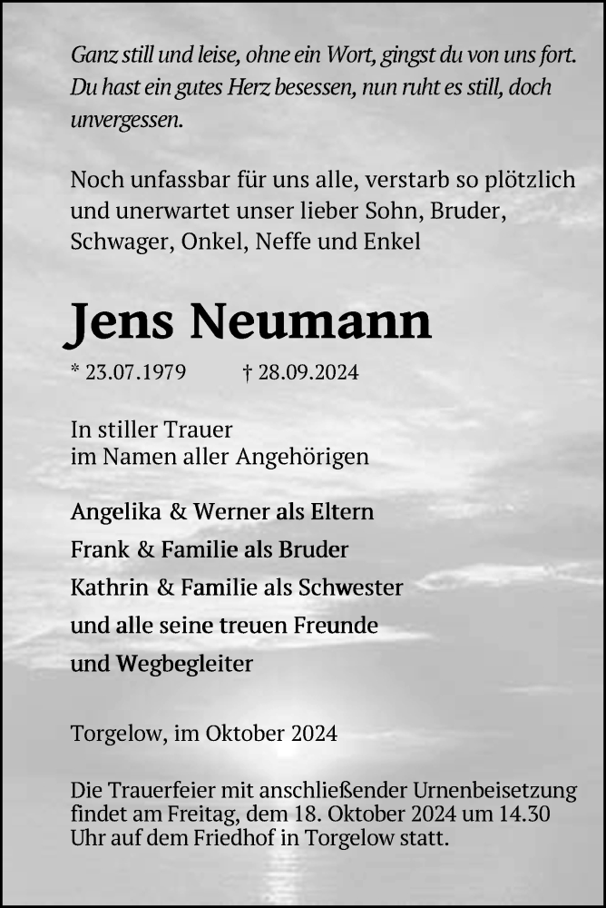  Traueranzeige für Jens Neumann vom 11.10.2024 aus Nordkurier Haff-Zeitung