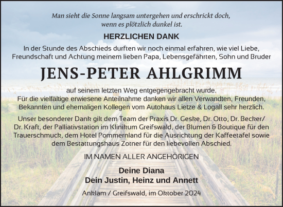 Traueranzeige von Jens-Peter Ahlgrimm von Nordkurier Vorpommern Kurier