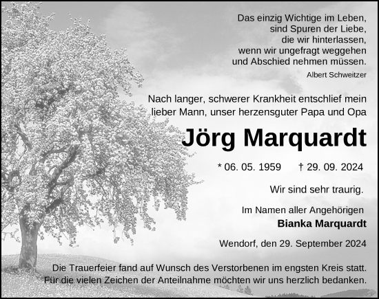 Traueranzeige von Jörg Marquardt von Anzeiger für Sternberg - Brüel - Warin