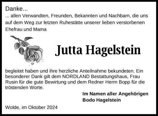 Traueranzeige von Jutta Hagelstein von Nordkurier Neubrandenburger Zeitung