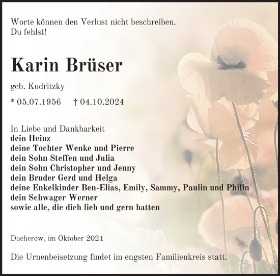 Traueranzeige von Karin Brüser von Nordkurier Vorpommern Kurier