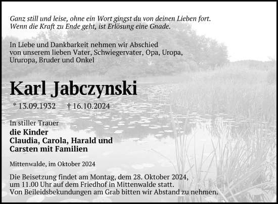 Traueranzeige von Karl Jabczynski von Uckermark Kurier Templiner Zeitung