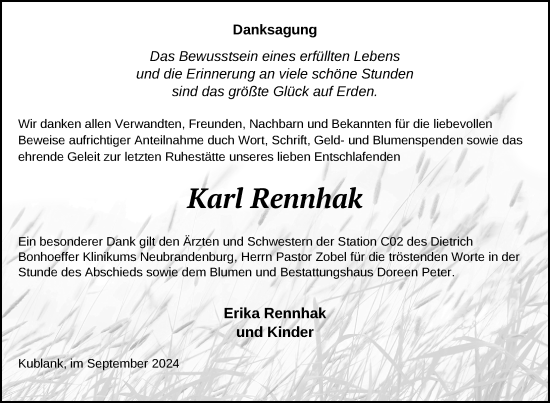 Traueranzeige von Karl Rennhak von Nordkurier Strelitzer Zeitung