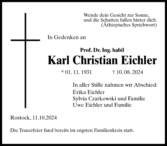 Traueranzeige von Karl Christian Eichler von Norddeutsche Neueste Nachrichten