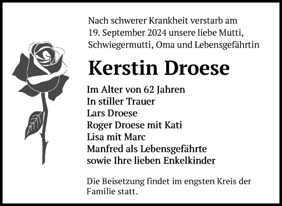 Traueranzeige von Kerstin Droese von Nordkurier Pasewalker Zeitung