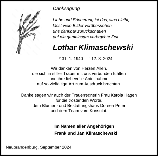 Traueranzeige von Lothar Klimaschewski von Nordkurier Neubrandenburger Zeitung