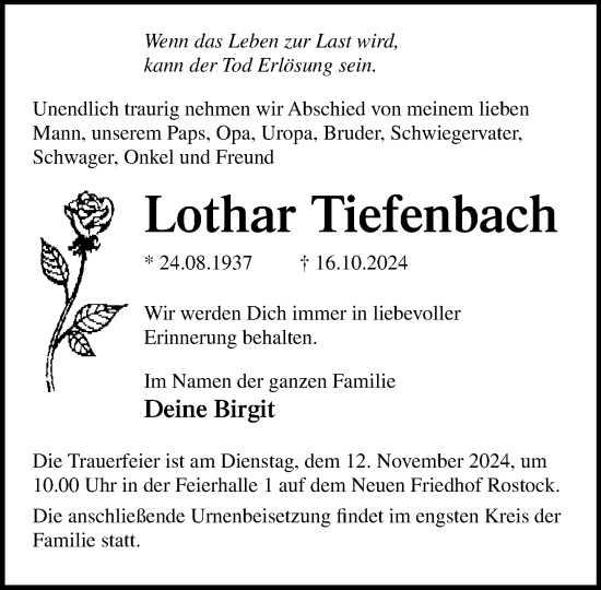 Traueranzeige von Lothar Tiefenbach von Norddeutsche Neueste Nachrichten