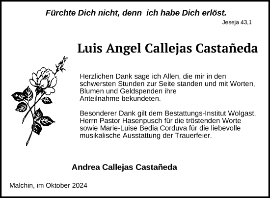 Traueranzeige von Luis Angel Callejas Castañeda von Nordkurier Mecklenburger Schweiz