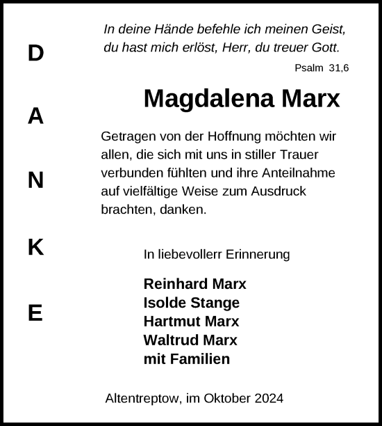 Traueranzeige von Magdalena Marx von Nordkurier Neubrandenburger Zeitung