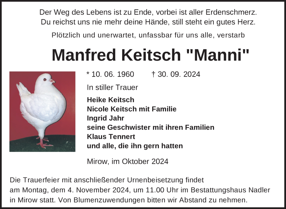  Traueranzeige für Manfred Keitsch vom 11.10.2024 aus Nordkurier Strelitzer Zeitung