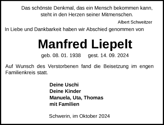 Traueranzeige von Manfred Liepelt von Zeitung für die Landeshauptstadt