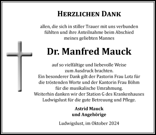 Traueranzeige von Manfred Mauck von Ludwigsluster Tageblatt