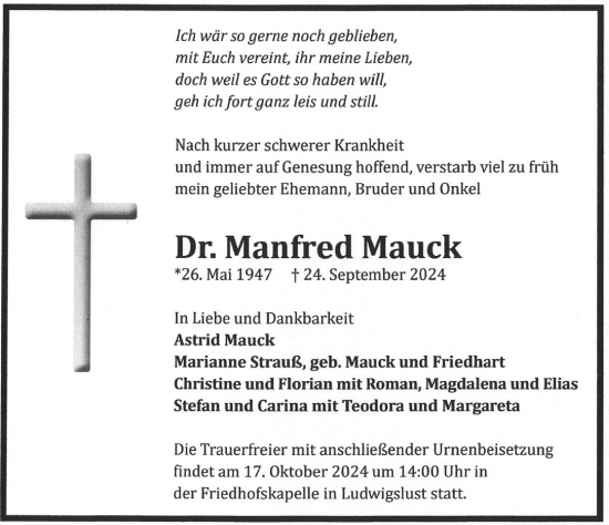 Traueranzeige von Manfred Mauck von Ludwigsluster Tageblatt