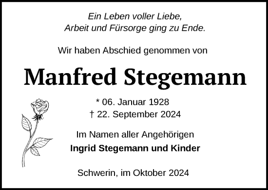 Traueranzeige von Manfred Stegemann von Zeitung für die Landeshauptstadt