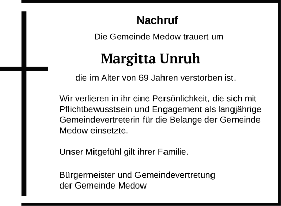 Traueranzeige von Margitta Unruh von Nordkurier Vorpommern Kurier