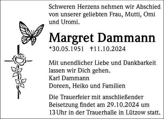 Traueranzeige von Margret Dammann von Gadebusch - Rehnaer Zeitung