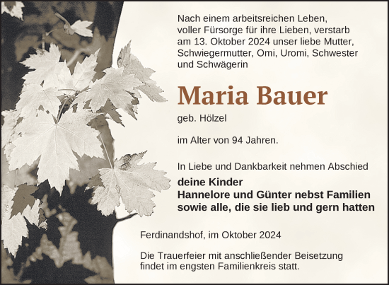 Traueranzeige von Maria Bauer von Nordkurier Haff-Zeitung