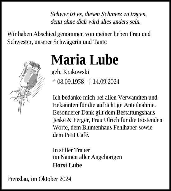 Traueranzeige von Maria Lube von Uckermark Kurier Prenzlauer Zeitung