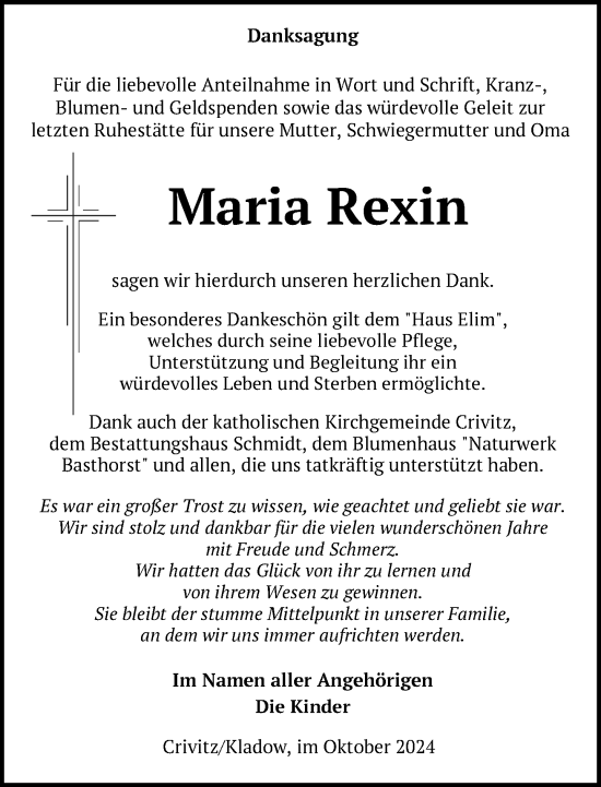 Traueranzeige von Maria Rexin von Zeitung für die Landeshauptstadt