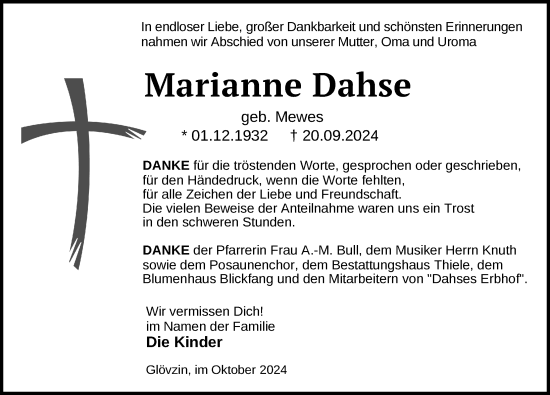 Traueranzeige von Marianne Dahse von Der Prignitzer, Prignitz Express