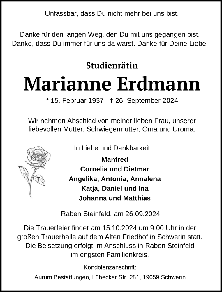  Traueranzeige für Marianne Erdmann vom 05.10.2024 aus Zeitung für die Landeshauptstadt