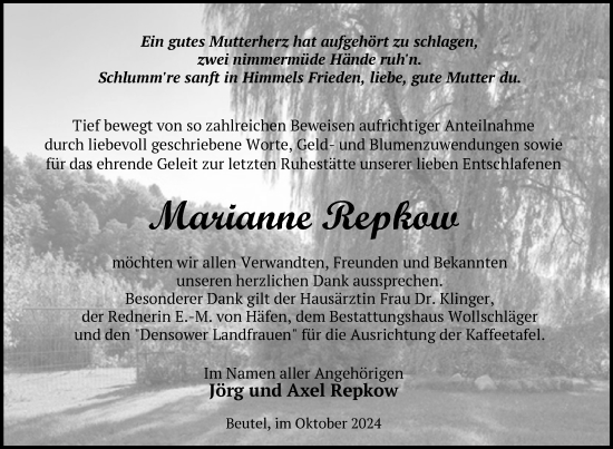 Traueranzeige von Marianne Repkow von Uckermark Kurier Templiner Zeitung