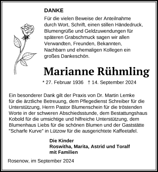 Traueranzeige von Marianne Rühmling von Zeitung für die Landeshauptstadt